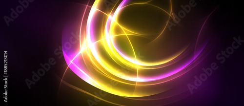 Bright yellow, purple light curves radiate from center. Dark background emphasizes glowing energy, dynamic composition.