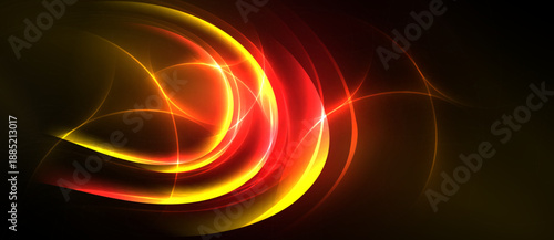 Abstract swirls, vibrant colors, dynamic energy. Red, orange, yellow blend into dark background. Smooth curves create flowing design.