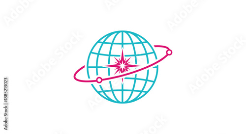 Stylized globe icon with a central star and an orbiting path in blue and pink lines represents global connectivity and travel.