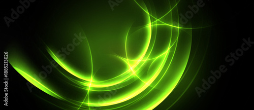 Abstract green energy flows, curved lines, dark background. Bright illumination creates dynamic visual effect. Smooth gradients present.