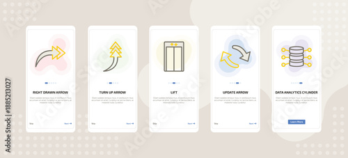 onboarding screen template for UI elements mobile app ui with right drawn arrow, turn up arrow, lift, update arrow, data analytics cylinder icons.