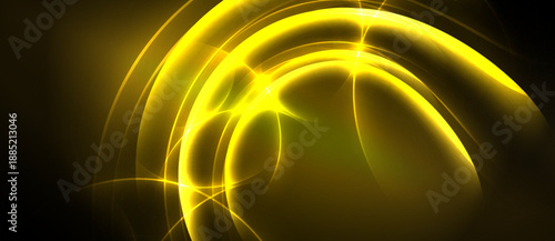 Golden swirls radiate from center. Bright light creates dynamic abstract composition. Dark background emphasizes luminosity, energy.
