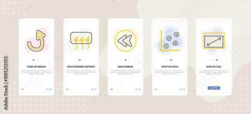 onboarding screen template for UI elements mobile app ui with turn up arrow, rear window defrost, back arrow, spotted data, display size icons.
