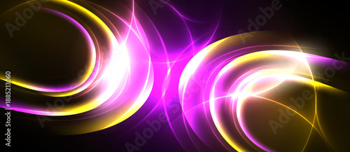 Bright abstract swirls, purple, gold hues dominate dark background. Dynamic energy radiates from central point. Smooth curves create visual flow.