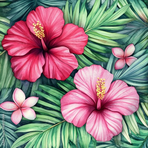 Tropical hibiscus flowers, palm leaves, floral design, fabric print