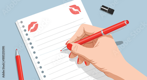 Top-view illustration shows a hand with red nails writing in a notebook decorated with lipstick kiss marks and a red pen.