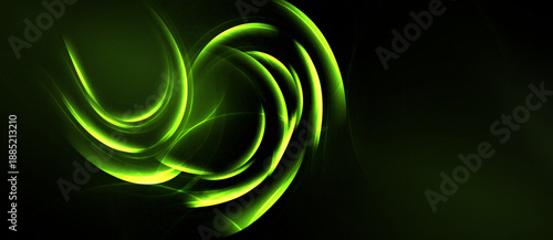 Abstract green swirls, dynamic lines, dark background. Elegant design, smooth curves, glowing effect, modern aesthetic.