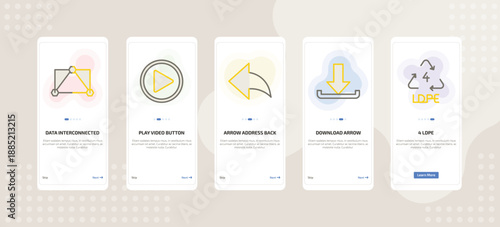 onboarding screen template for UI elements mobile app ui with data interconnected, play video button, arrow address back, download arrow, 4 ldpe icons.