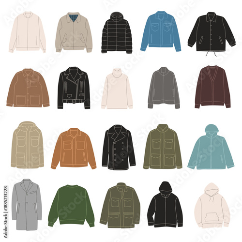 set of various jackets and outerwear styles including bomber jacket, denim jacket, puffer jacket, parka, coat, hoodie, leather jacket, cardigan, and sweater. Ideal for fashion,icons,catalog,apps brand