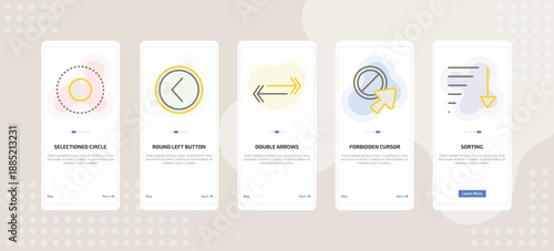 onboarding screen template for UI elements mobile app ui with selectioned circle, round left button, double arrows, forbidden cursor, sorting icons.