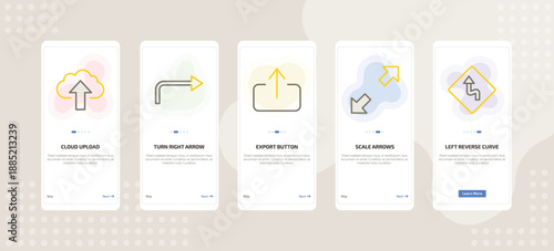 onboarding screen template for UI elements mobile app ui with cloud upload, turn right arrow, export button, scale arrows, left reverse curve icons.