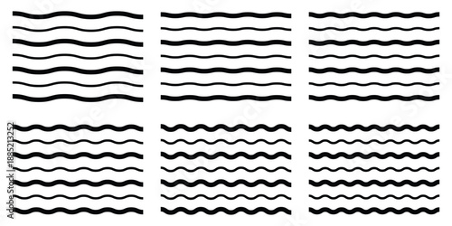 Waves line set. Wave ornament pattern. Set of wavy zigzag lines. Wave thin line background. Set of various black wavy and zigzag lines, patterns.
