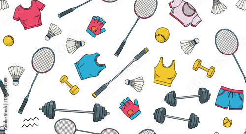Seamless pattern of various sports equipment includes badminton rackets, dumbbells, shuttlecocks, and colorful gym clothes.