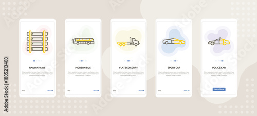 onboarding screen template for transport mobile app ui with railway line, modern bus, flatbed lorry, sport car, police car icons.