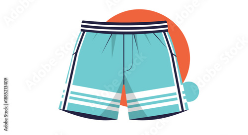 Stylish turquoise swim shorts with white horizontal stripes and a dark blue waistband set against a circular orange and blue backdrop.