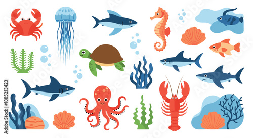 Vibrant collection of various marine life illustrations including sharks an octopus sea turtle jellyfish seahorse crab and colorful fish.