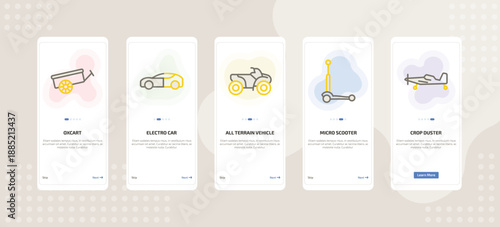 onboarding screen template for transport mobile app ui with oxcart, electro car, all terrain vehicle, micro scooter, crop duster icons.