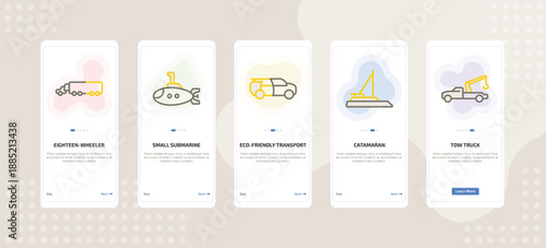 onboarding screen template for transport mobile app ui with eighteen-wheeler, small submarine, eco-friendly transport, catamaran, tow truck icons.
