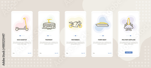 onboarding screen template for transport mobile app ui with kick scooter, tramway, motorbike, ferry boat, military airplane icons.