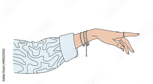 Graceful female hand wearing a light blue patterned sleeve and multiple silver bracelets and rings pointing towards the right side.
