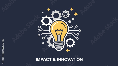 Colorful illustration of a lightbulb with gears and circuits on a dark background with the words 'IMPACT & INNOVATION', conveying a super colorful and innovative mood in the science and
