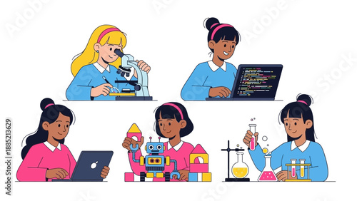 Illustration of diverse girls engaging in science activities with colorful equipment and technology in a lively, educational setting.