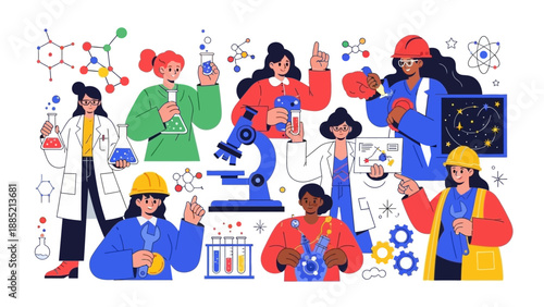 Illustration of diverse people in colorful science and engineering professions with various tools and equipment on a white background.