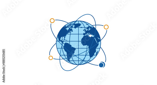 Stylized blue globe illustration with intersecting orbital lines and small circular icons signifying global connectivity and networks.