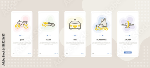 onboarding screen template for transport mobile app ui with quad, hearse, taxi, inline skates, airliner icons.