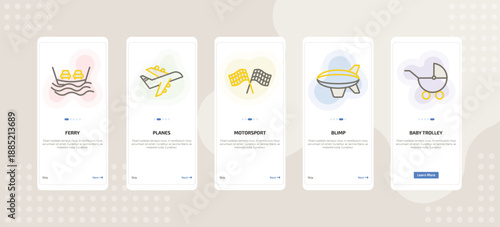onboarding screen template for transport mobile app ui with ferry, planes, motorsport, blimp, baby trolley icons.