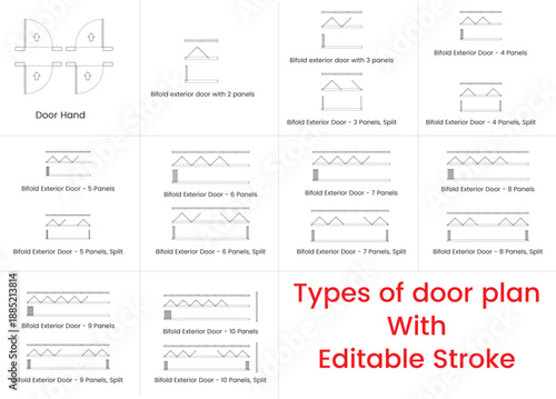 Door plan, floor plan, architectural elements, blueprint, symbol, bifold, exterior door, split, editable stroke, vector