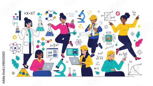 Illustration of diverse people including a doctor and engineer engaging in science and industry-related activities with colorful scientific equipment and symbols around them on a white