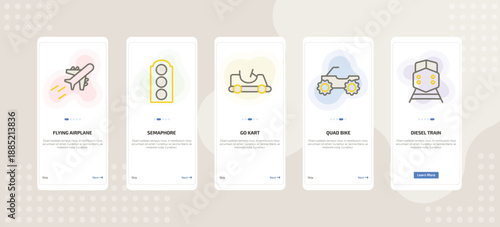 onboarding screen template for transport mobile app ui with flying airplane, semaphore, go kart, quad bike, diesel train icons.