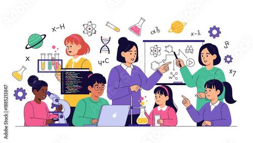 Illustration of a diverse group of young girls and women engaged in science activities with colorful educational tools and technology in a lively setting.