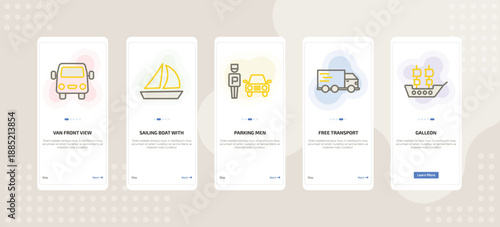 onboarding screen template for transport mobile app ui with van front view, sailing boat with veils, parking men, free transport, galleon icons.