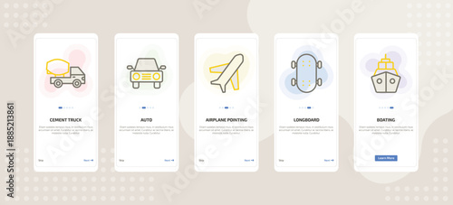 onboarding screen template for transport mobile app ui with cement truck, auto, airplane pointing up, longboard, boating icons.