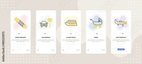 onboarding screen template for transport mobile app ui with shock breaker, car parking, luxury yacht, pram, light aircraft icons.
