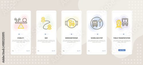 onboarding screen template for transport mobile app ui with stability, way, workshop repair, school bus stop, public transportation icons.