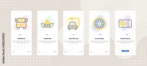 onboarding screen template for transport mobile app ui with prison bus, cargo ship, electric car, alloy wheel, plane tickets icons.