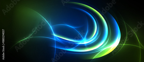 Abstract swirls, vibrant blues, greens dominate dark background. Energetic lines create dynamic, flowing composition. Light radiates, forming elegant curves.