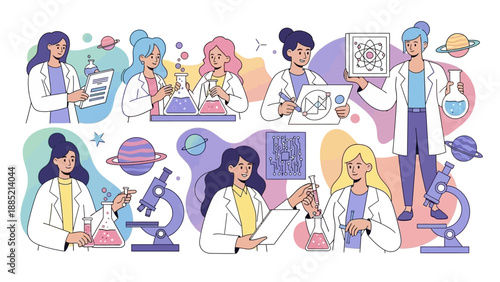 Colorful vector illustration of diverse women in lab coats engaging in various science activities with scientific equipment and symbols around them.