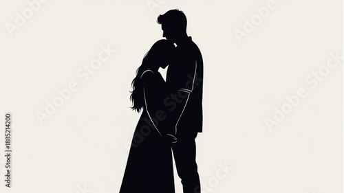 Silhouette of a couple embracing on a plain background.