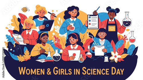 Illustration of diverse women and girls engaging in various science activities on Women & Girls in Science Day with colorful, vibrant elements and a mix of engineering and industry tools.