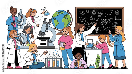 A colorful illustration of diverse girls and women in lab coats engaging in various science experiments and activities in a classroom setting with a globe and blackboard.