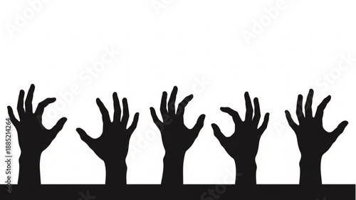 Silhouette of Five Reaching Hands Against White Background.