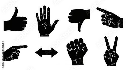 Collection of Black Hand Gestures and Symbols Silhouettes.
