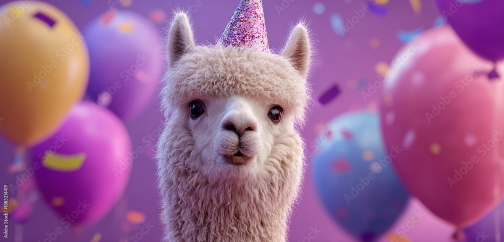 Fototapeta premium Adorable alpaca wearing a colorful party hat surrounded by vibrant balloons and festive confetti, celebrating a joyful occasion