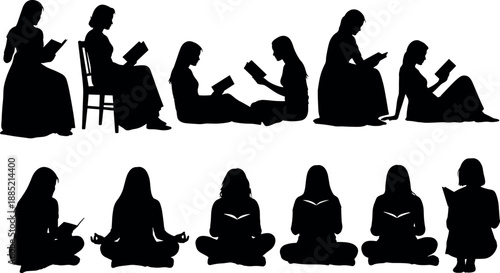 Silhouette of young women in diverse reading poses sitting on floor and chairs for library book club and education concepts