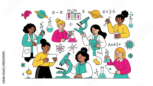 A colorful illustration of women in lab coats engaging in various science activities with a microscope, globe, and telescope on a clean white background.
