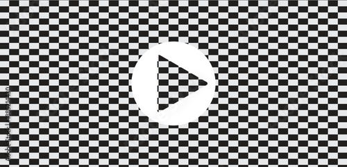 A white play button icon with a checkerboard pattern inside, centered on a black and white checkerboard background, representing transparency or a loading state.